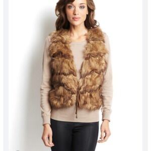 Anthropologie Bagatelle Brown Tiered Ruffle Faux FurVest Size Medium Boho